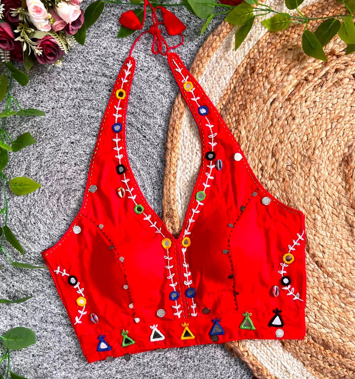 Red Multi Thread with Mirror Work Blouse – Kalyanja KB44