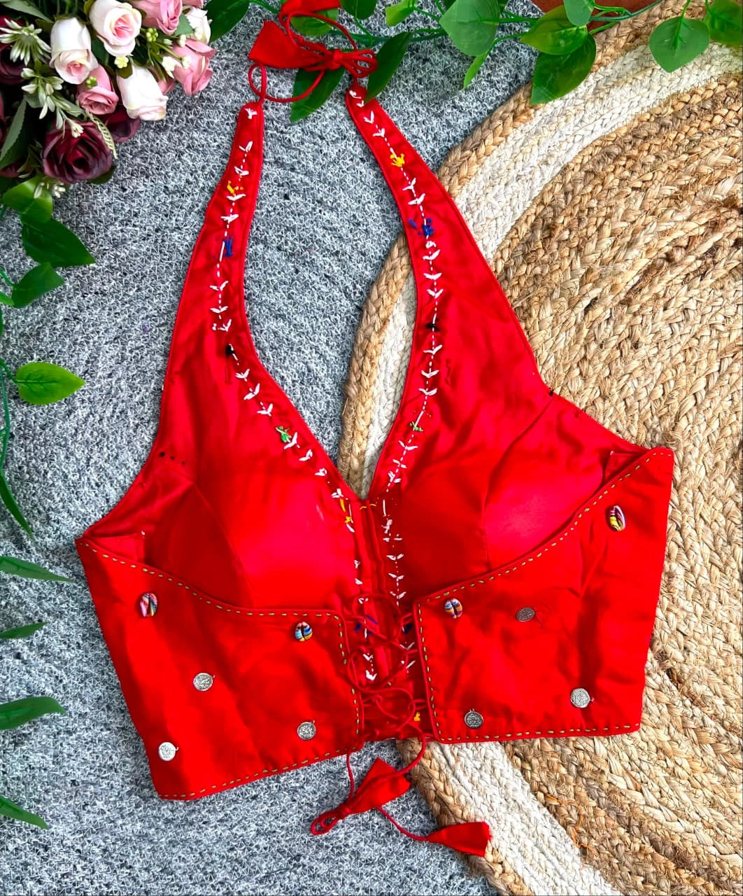 Red Multi Thread with Mirror Work Blouse detail – Kalyanja KB44
