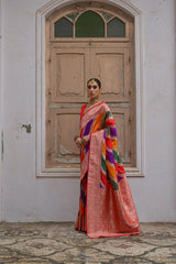Red saree with Kadwa style weaving and multicolor design