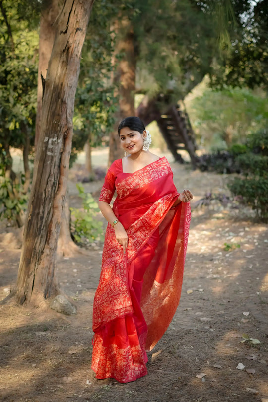 Red Gala Border Pattern Raw Silk Saree - kalyanja