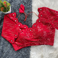 Red Sequins with Mirror Work Shiny Synthetic Blend Blouse