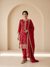 Red Sequins Embroidered Kurti – Blooming Chinon Set
