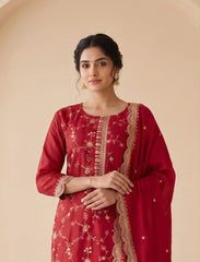 Red Sequins Embroidered Kurti Blooming Chinon KK111 - Upper Body