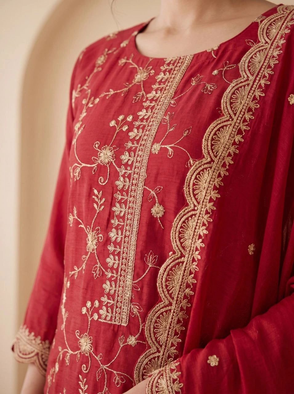 Red Sequins Embroidered Kurti Blooming Chinon KK111 - Zari Work Close-up