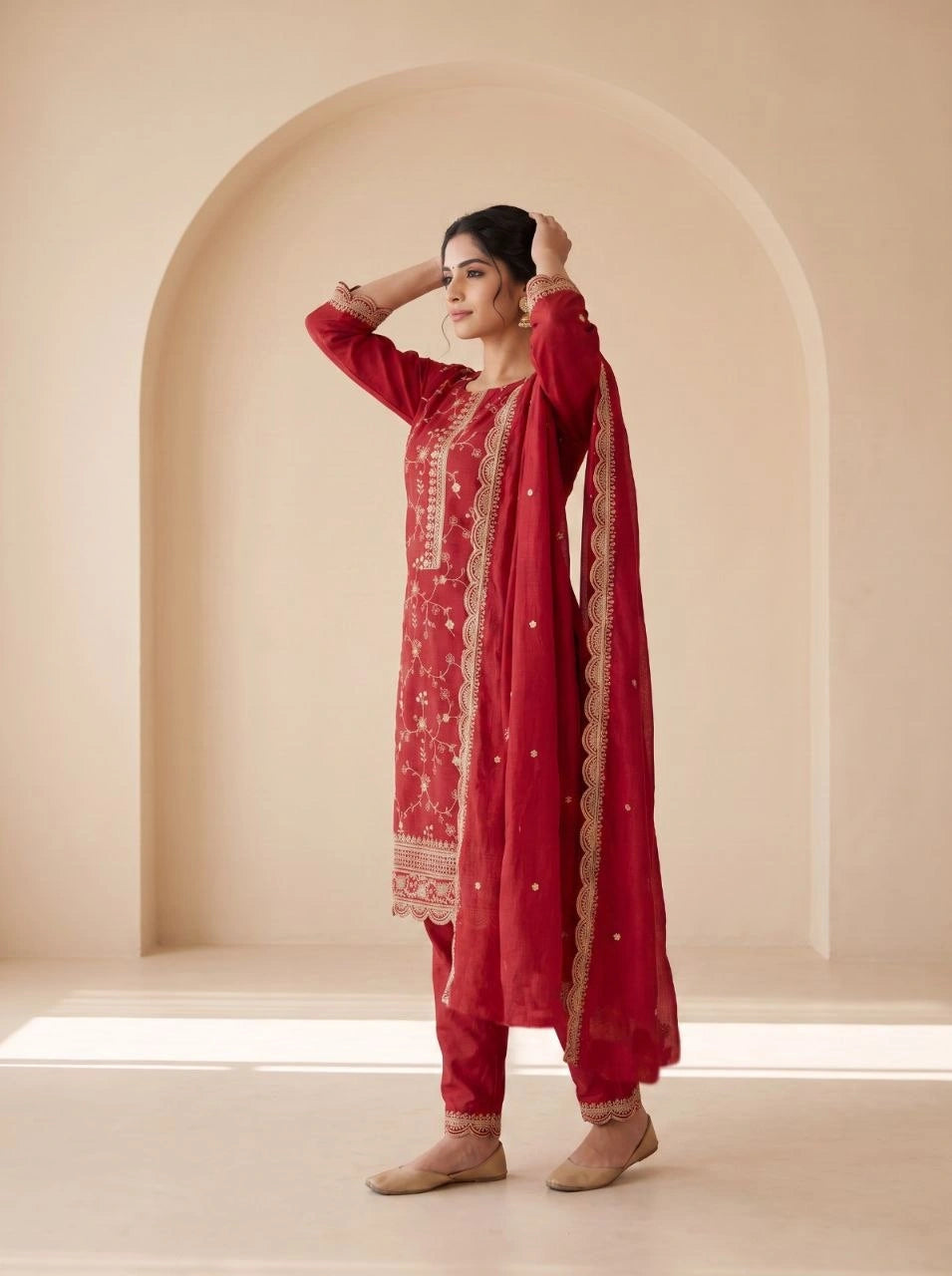 Red Sequins Embroidered Kurti Blooming Chinon KK111 - Side View