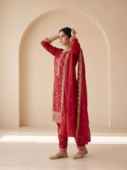 Red Sequins Embroidered Kurti Blooming Chinon KK111 - Side View
