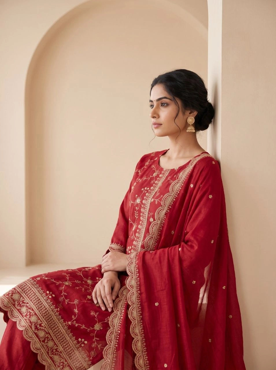 Red Sequins Embroidered Kurti Blooming Chinon KK111 - Seated Pose