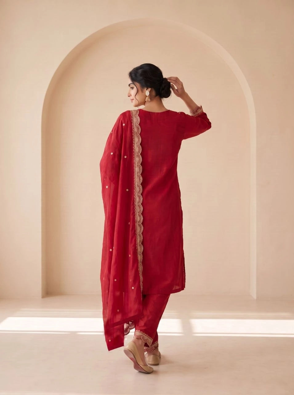 Red Sequins Embroidered Kurti Blooming Chinon KK111 - Back View