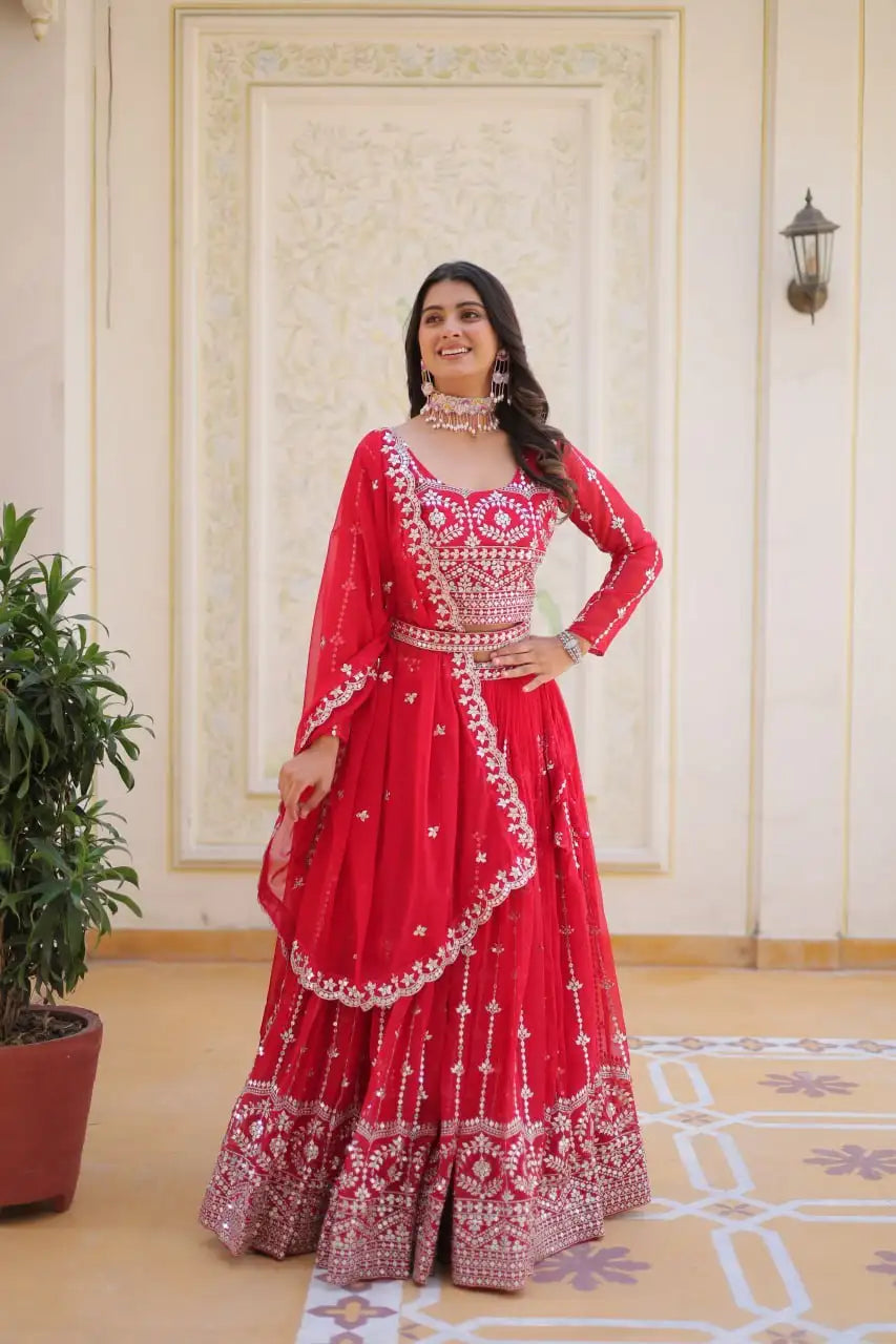 Red Sequins Embroidered Lehenga Faux Georgette Kalyanja KL168 1
