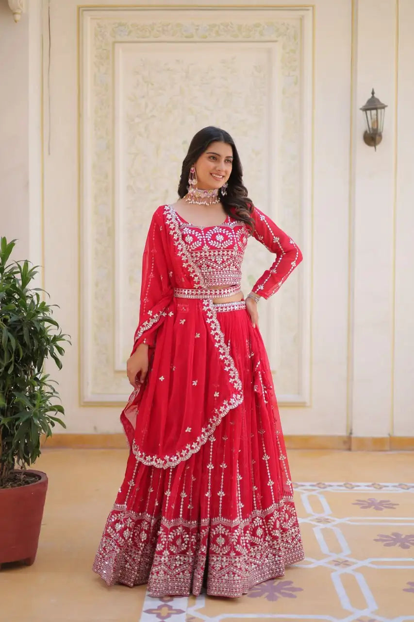 Red Sequins Embroidered Lehenga Faux Georgette Kalyanja KL168 2