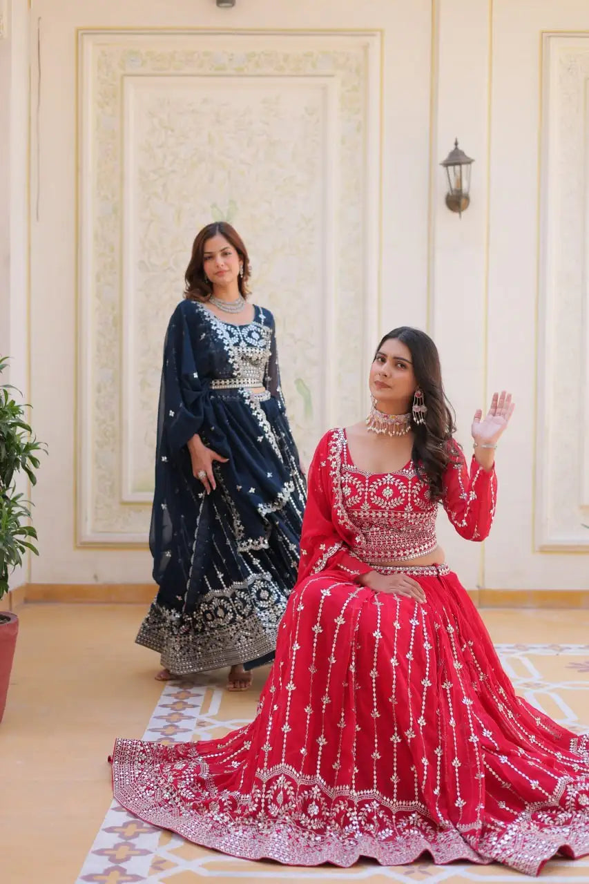 Red Sequins Embroidered Lehenga Faux Georgette Kalyanja KL168 3
