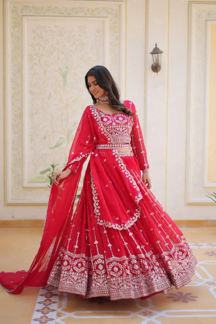 Red Sequins Embroidered Lehenga Faux Georgette Kalyanja KL168 4