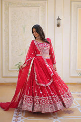 Red Sequins Embroidered Lehenga Faux Georgette Kalyanja KL168 4