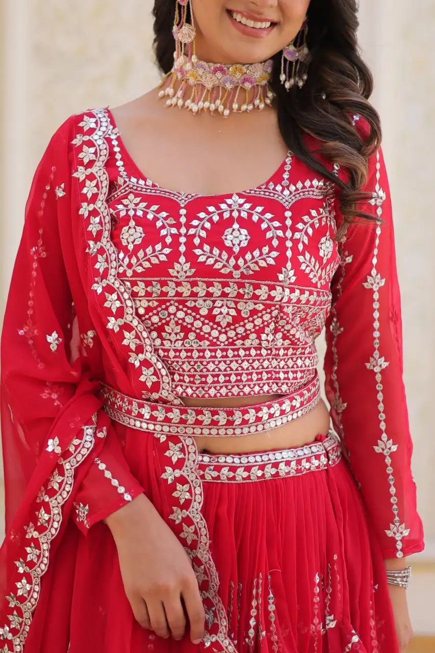 Red Sequins Embroidered Lehenga Faux Georgette Kalyanja KL168 5