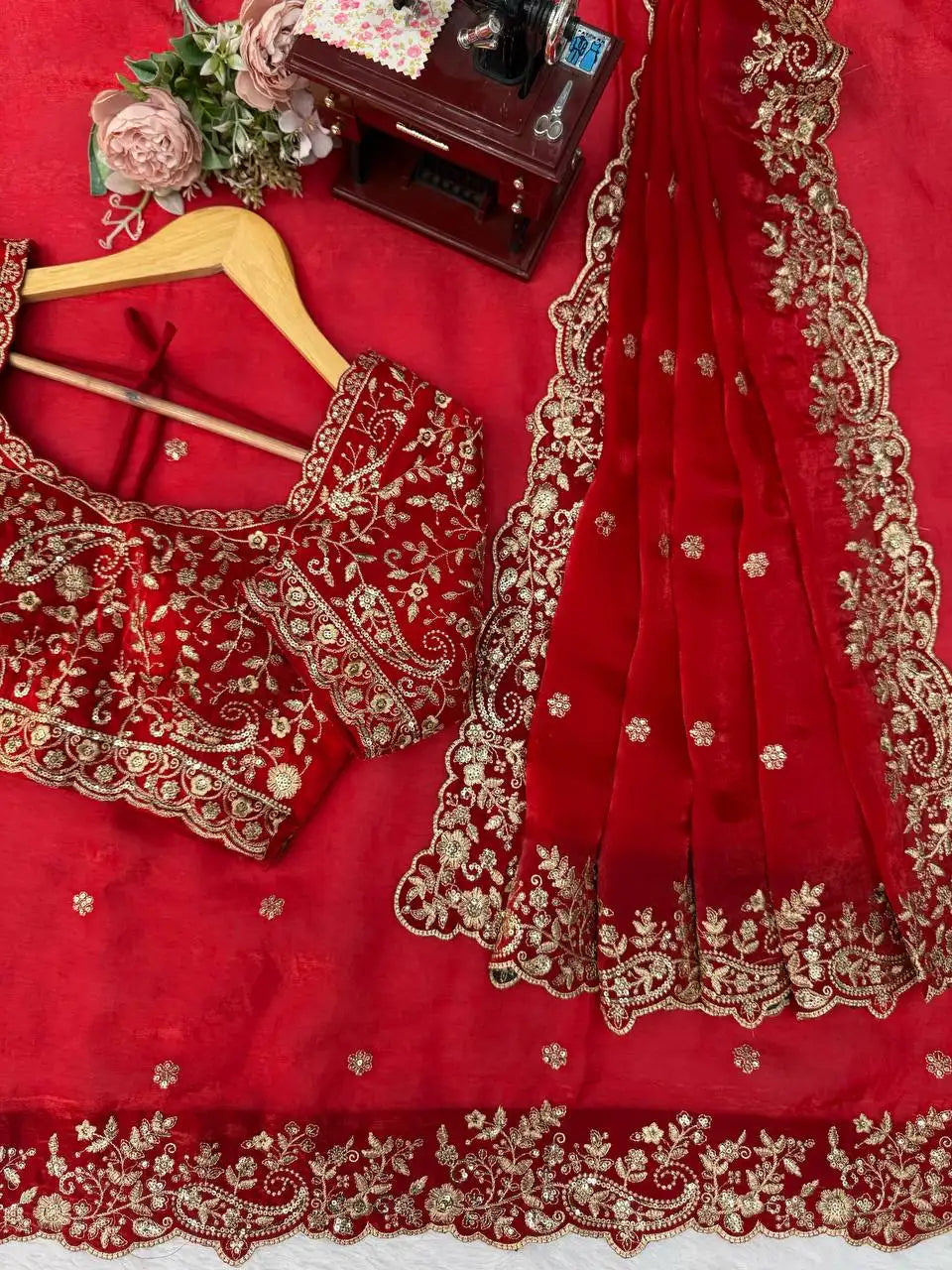 Red Sequins Embroidered Saree Blouse and Border Detail Flat Lay | Kalyanja KS352