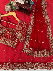 Red Sequins Embroidered Saree Blouse and Border Detail Flat Lay | Kalyanja KS352