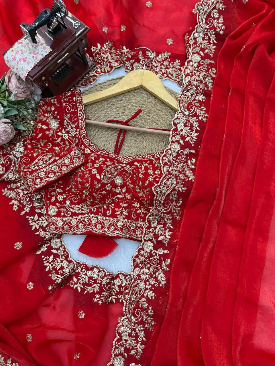 Red Sequins Embroidered Saree Blouse Overhead Detail | Kalyanja KS352