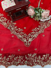 Red Saree Embroidered Pallu Scallop Border and Neckline Detail | Kalyanja KS352