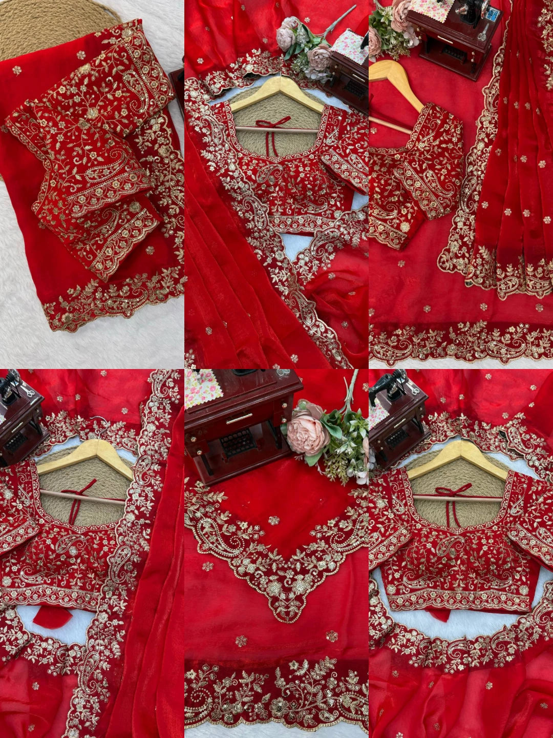 Red Sequins Embroidered Saree All Views Collage | Kalyanja KS352