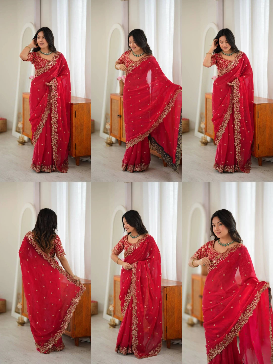 Red Fendy Silk Blend Sequins Embroidered Saree Detail Collage | Kalyanja KS352