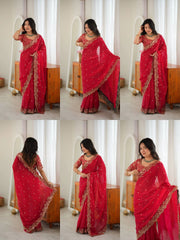 Red Fendy Silk Blend Sequins Embroidered Saree Detail Collage | Kalyanja KS352