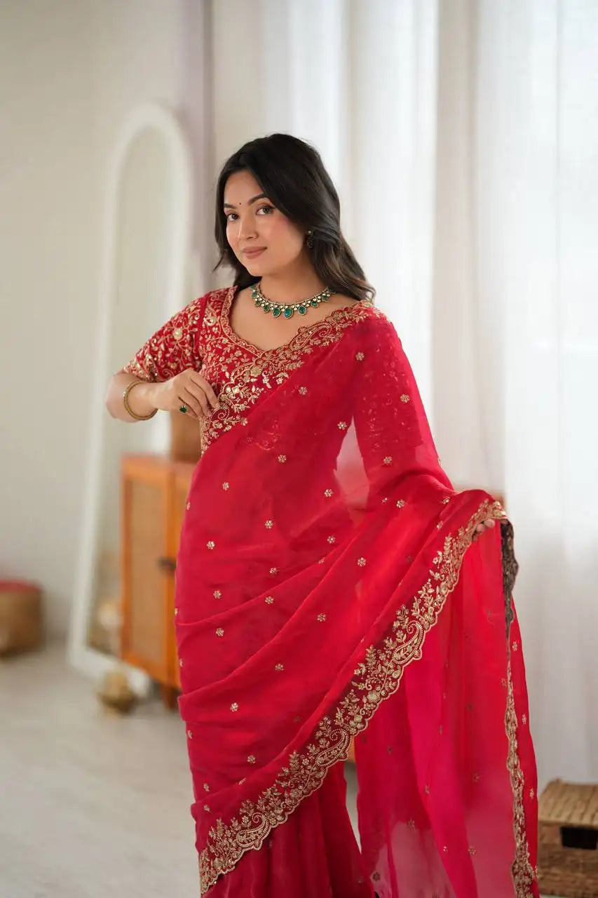 Red Sequins Embroidered Fendy Silk Blend Saree Front View | Kalyanja KS352