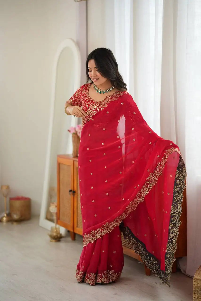 Red Sequins Embroidered Saree Pallu View with Gold Work | Kalyanja KS352