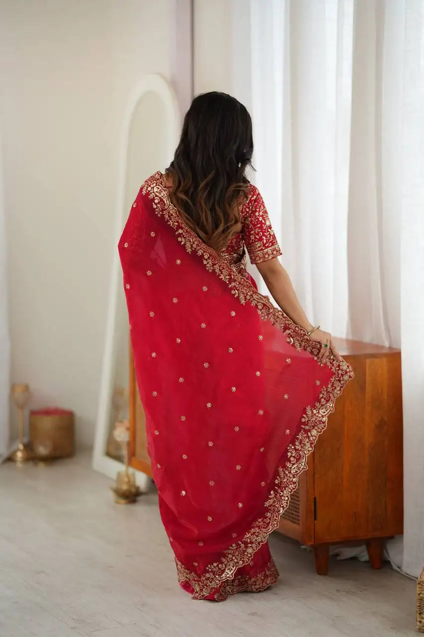 Red Fendy Silk Blend Saree Back View with Embroidered Blouse | Kalyanja KS352