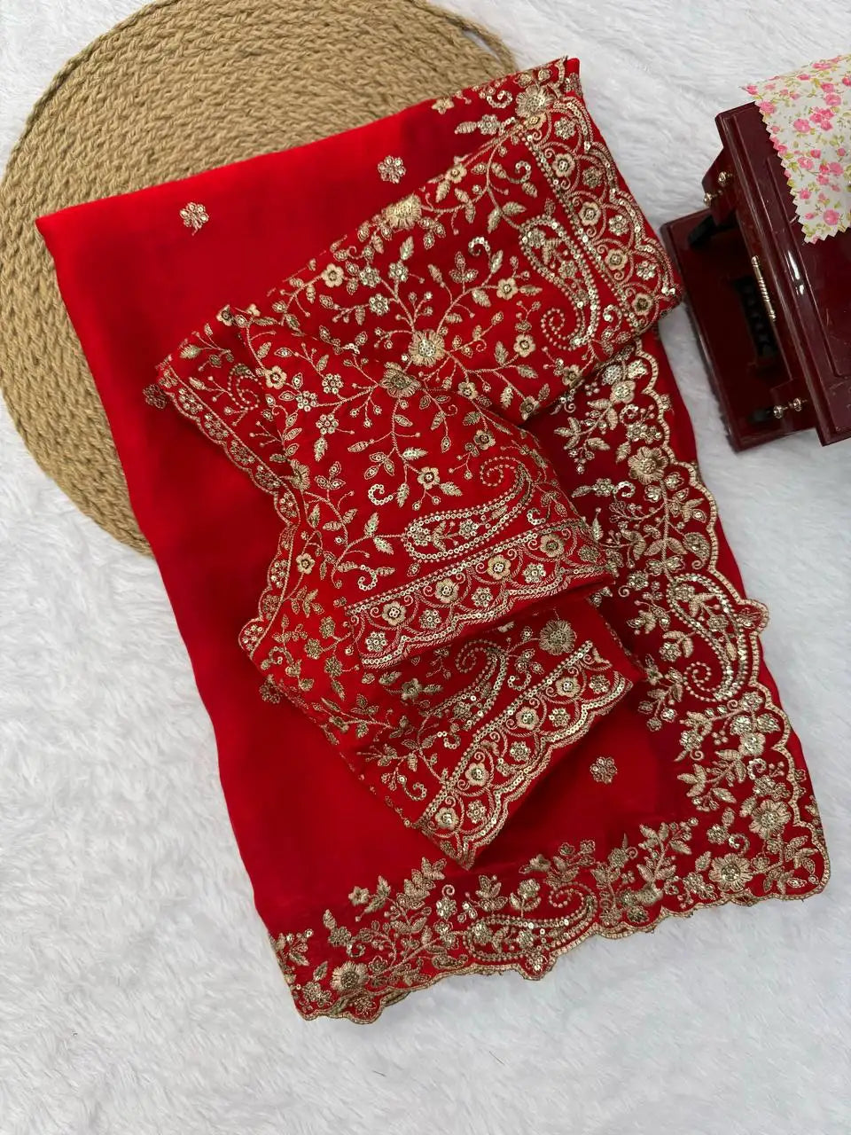 Red Sequins Embroidered Saree Flat Lay with Gold Thread Work | Kalyanja KS352