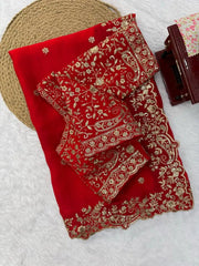 Red Sequins Embroidered Saree Flat Lay with Gold Thread Work | Kalyanja KS352