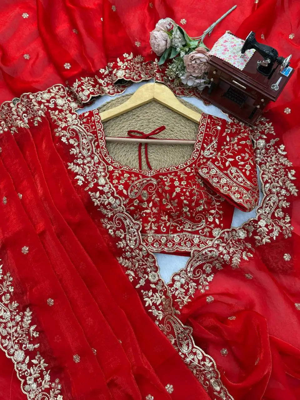 Red Sequins Embroidered Blouse Flat Lay Close-Up | Kalyanja KS352