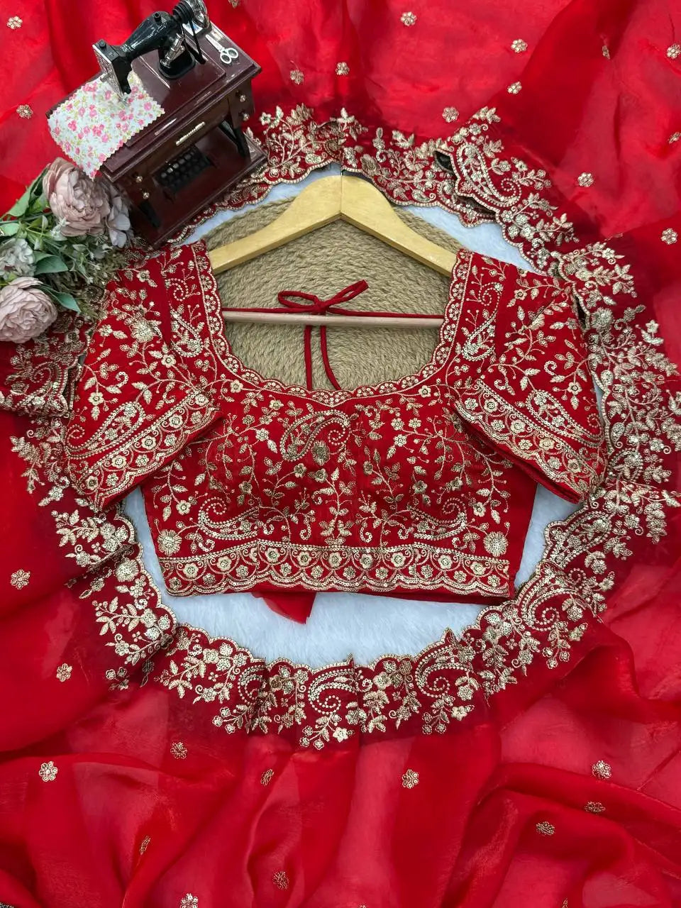 Red Fendy Silk Blend Saree Embroidered Blouse Front Detail | Kalyanja KS352