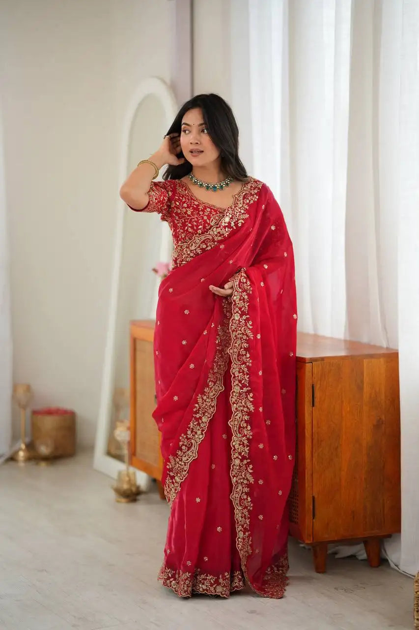 Red Sequins Embroidered Fendy Silk Blend Saree Hero Front View | Kalyanja KS352