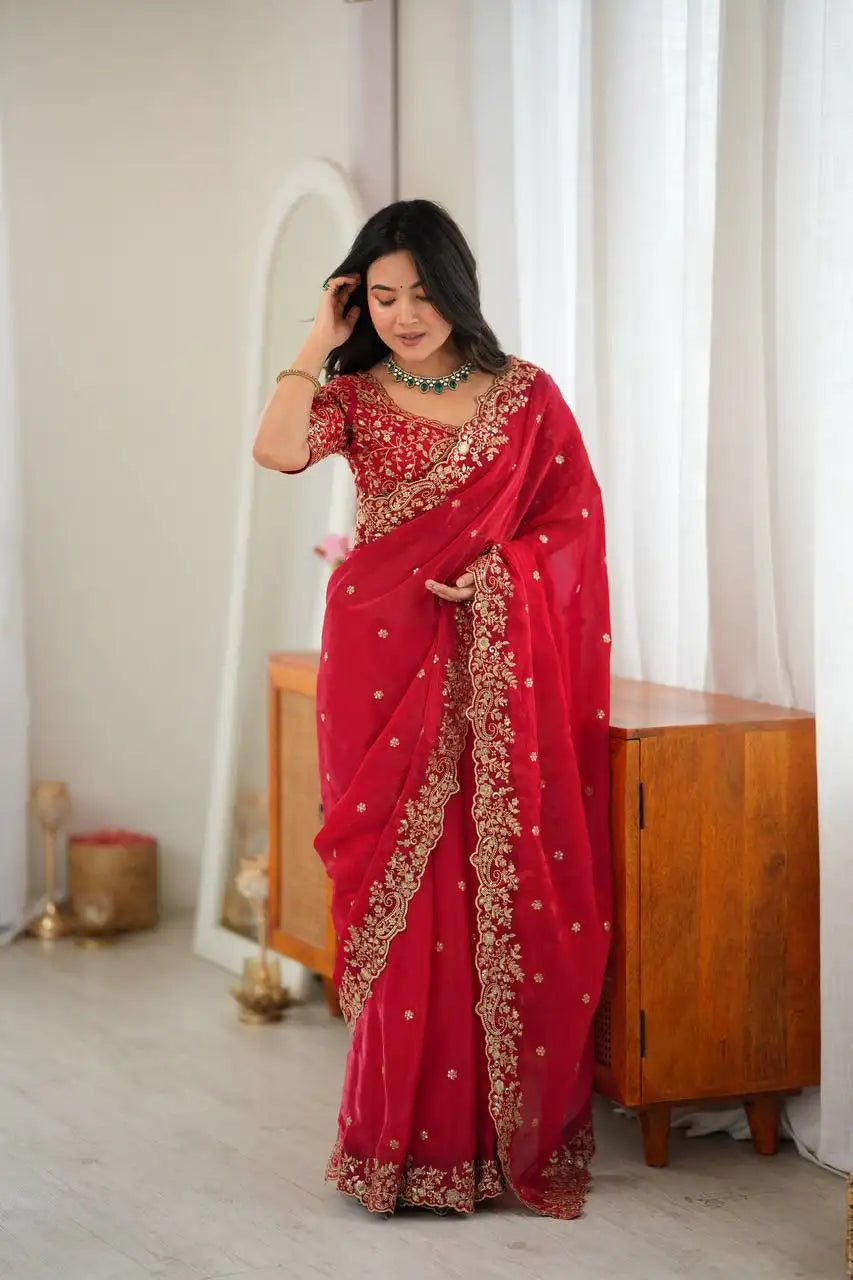 Red Sequins Embroidered Saree Front View 2 | Kalyanja KS352