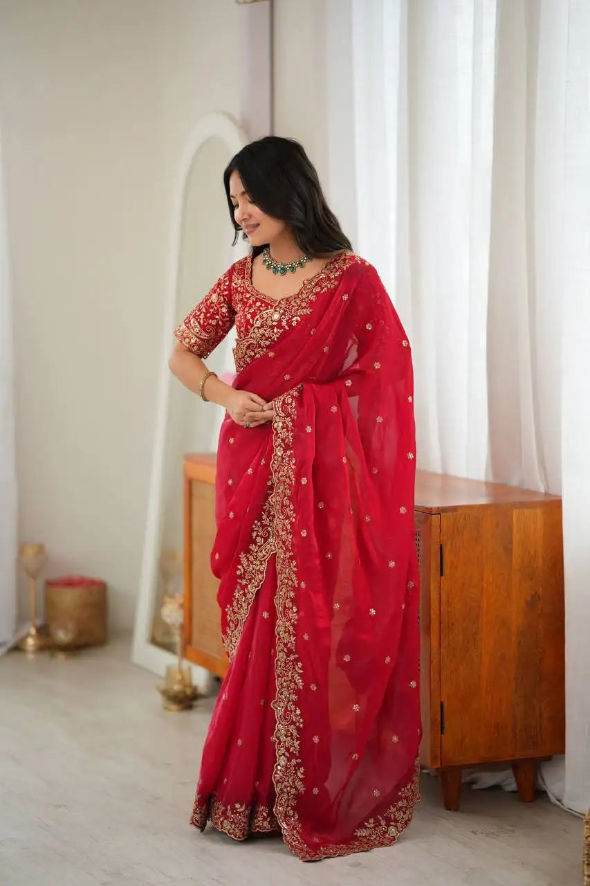 Red Sequins Embroidered Saree Side Front View | Kalyanja KS352