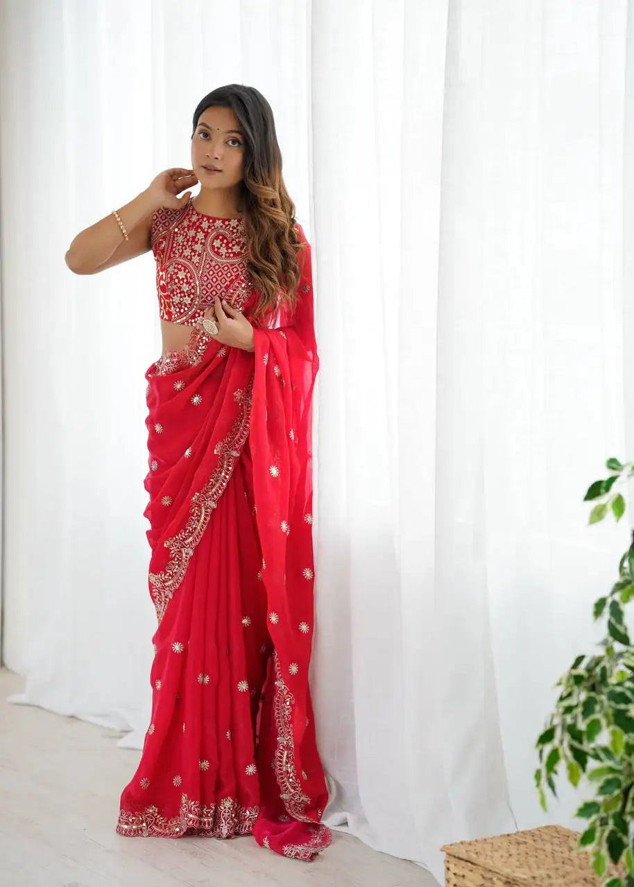 Red Sequins Embroidered Fendy Chiffon Saree Hero Front View | Kalyanja KS359