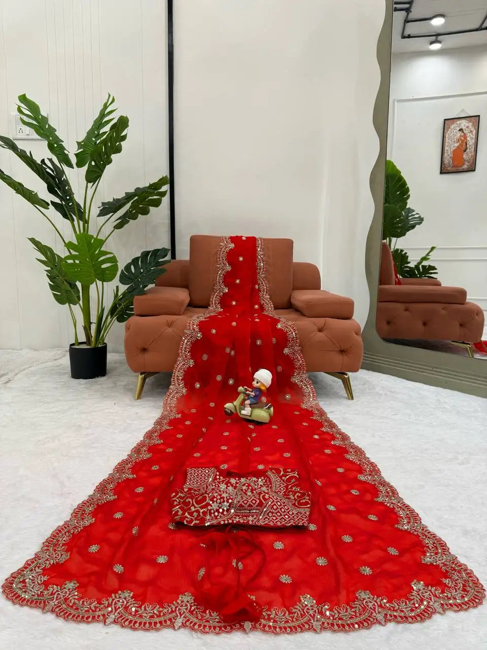 Red Sequins Embroidered Saree Full Flat Lay with Blouse Piece | Kalyanja KS359