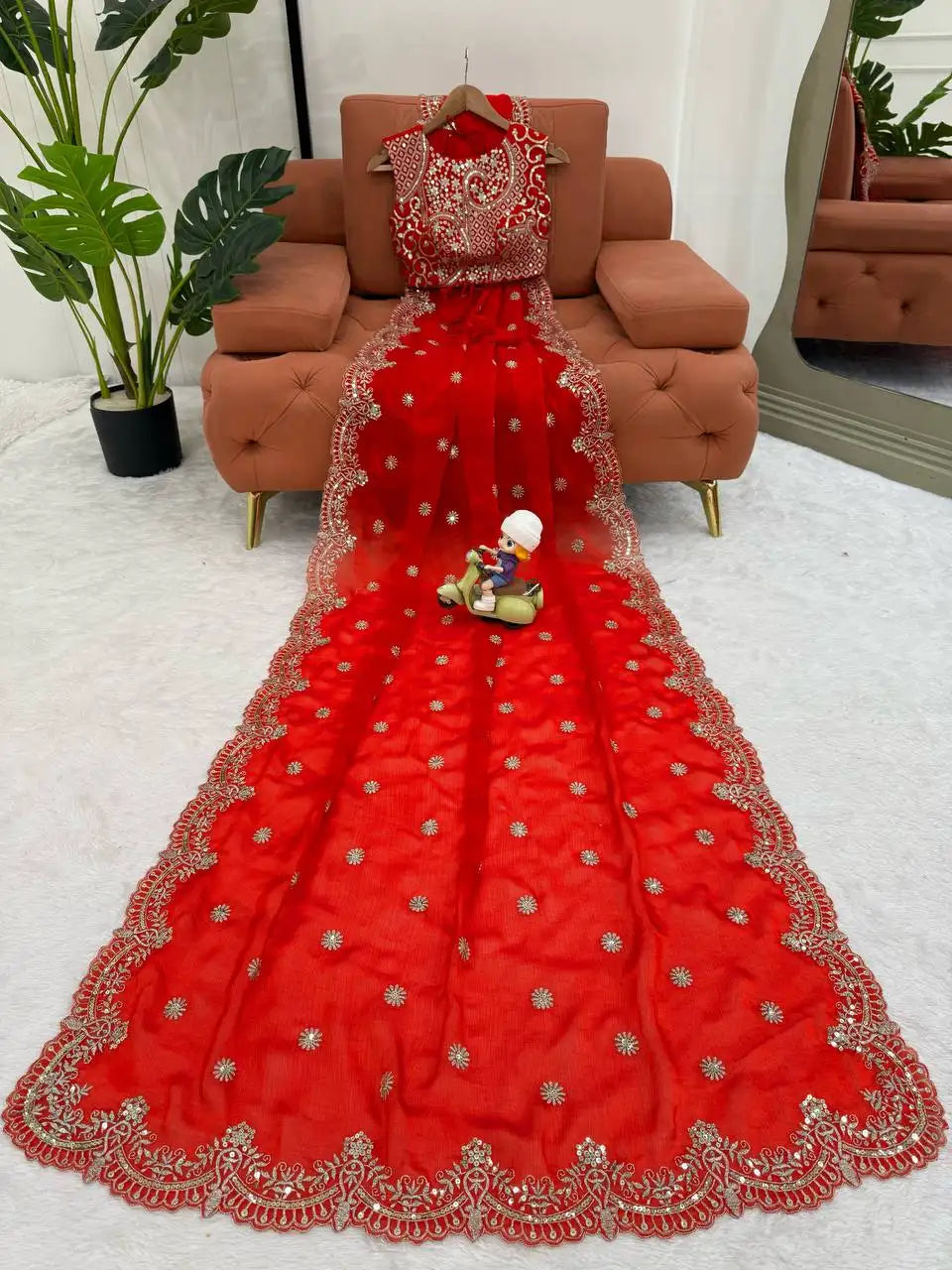 Red Fendy Chiffon Saree Flat Lay Blouse on Hanger | Kalyanja KS359