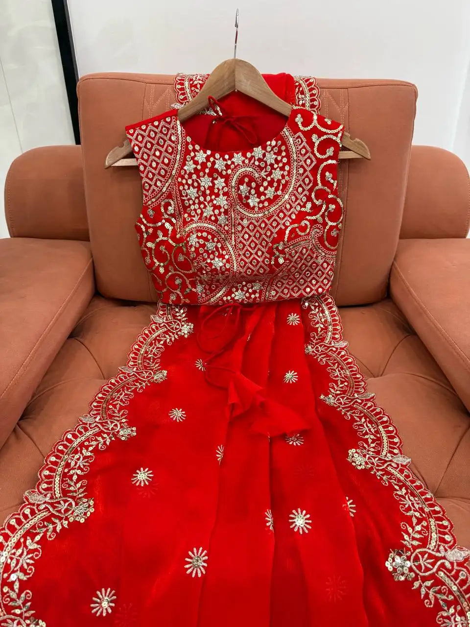 Red Sequins Embroidered Saree Blouse Close-Up on Sofa | Kalyanja KS359