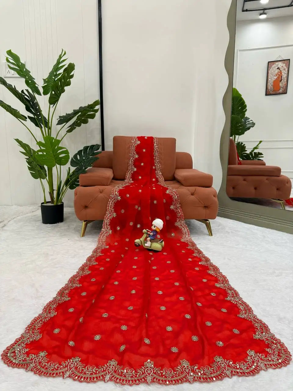 Red Sequins Embroidered Saree Scallop Border Flat Lay Detail | Kalyanja KS359