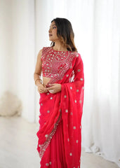 Red Fendy Chiffon Saree Three-Quarter Side View | Kalyanja KS359