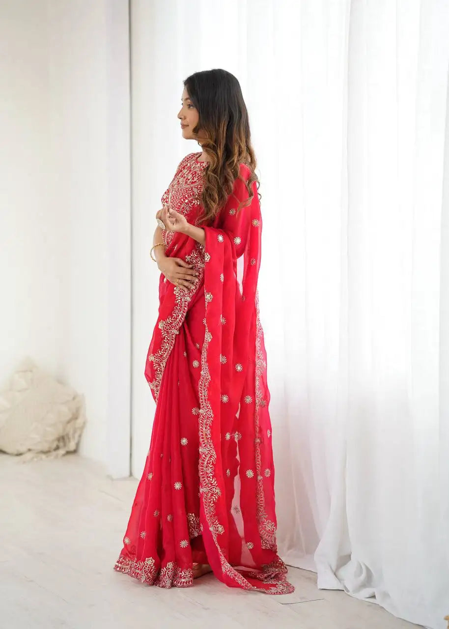 Red Thread Work Saree Full Front Standing View | Kalyanja KS359