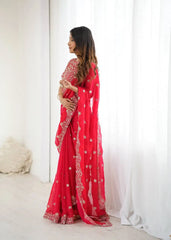 Red Thread Work Saree Full Front Standing View | Kalyanja KS359
