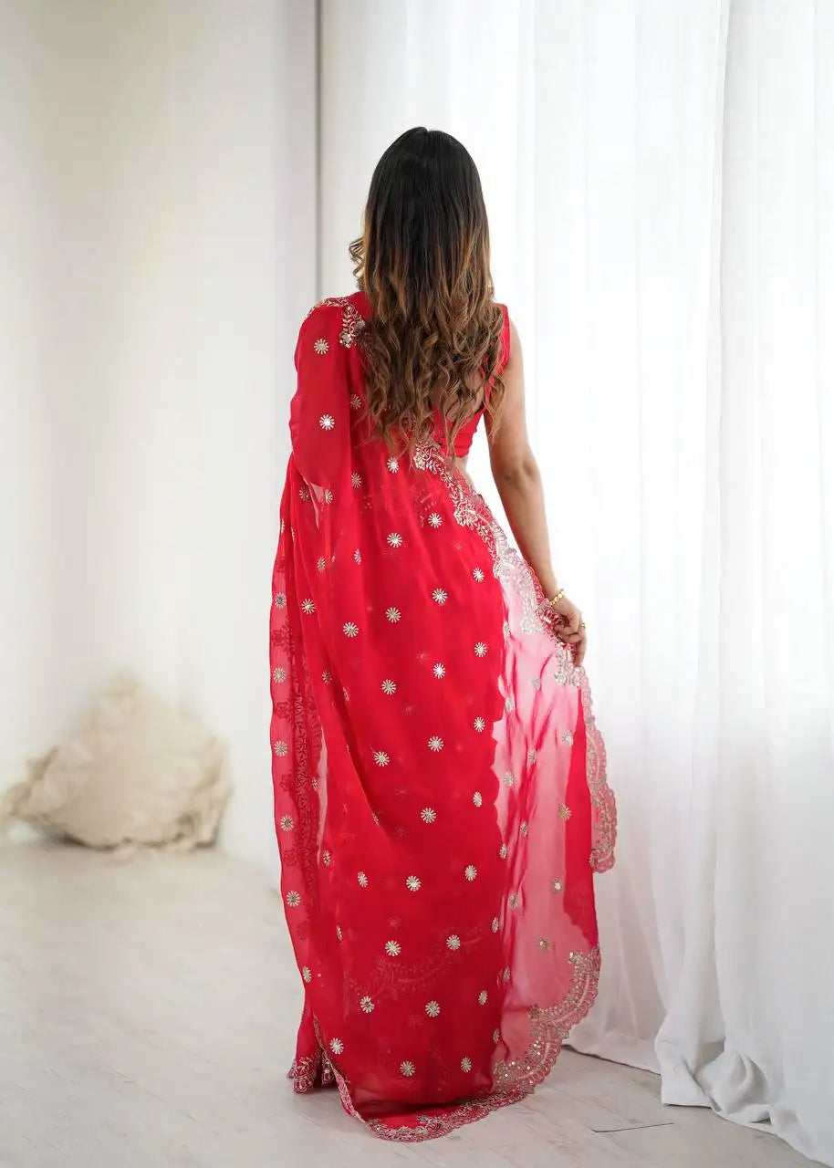 Red Sequins Embroidered Saree Side Profile View | Kalyanja KS359