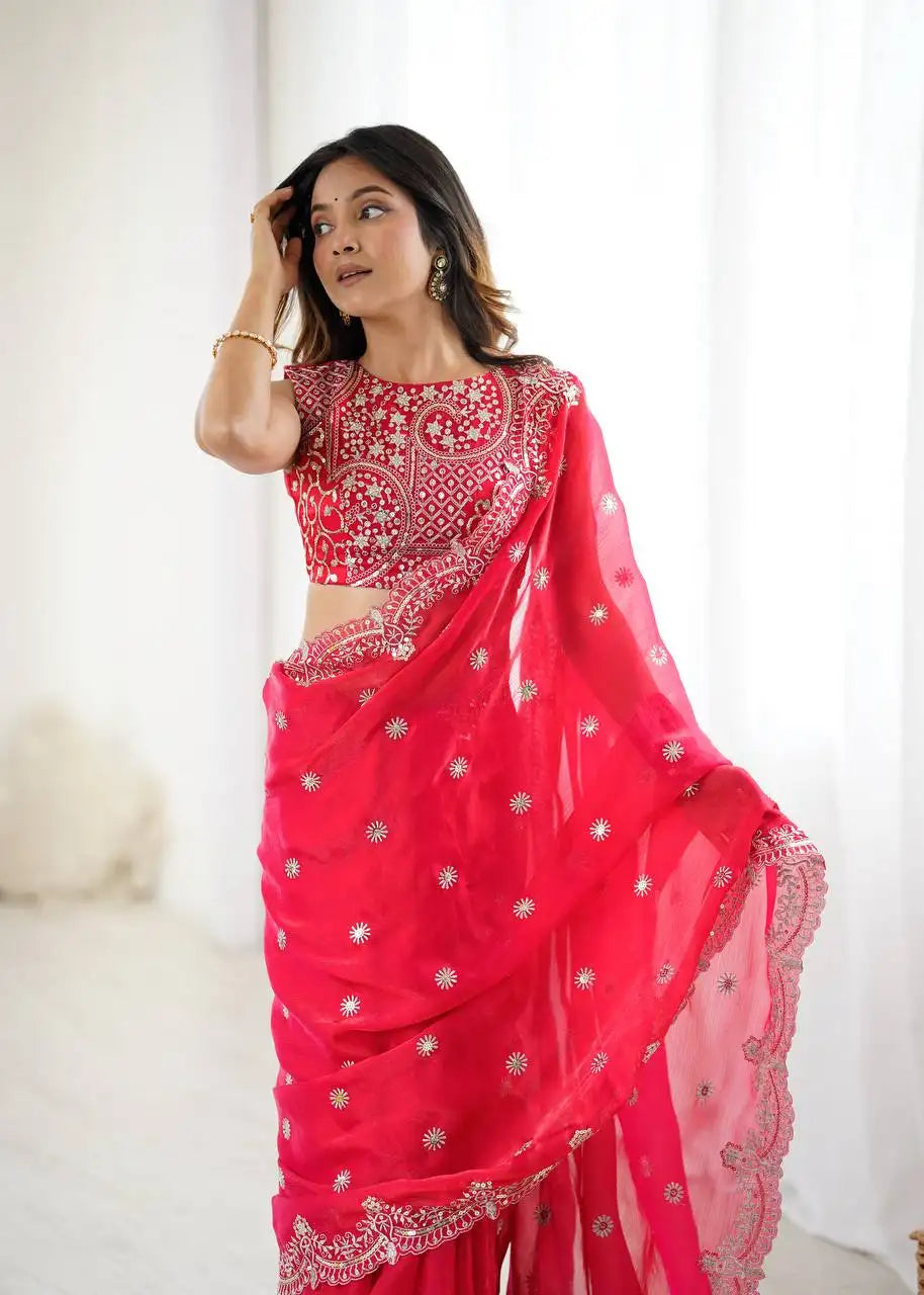 Red Thread Work Saree Half Shot Scallop Border Detail | Kalyanja KS359