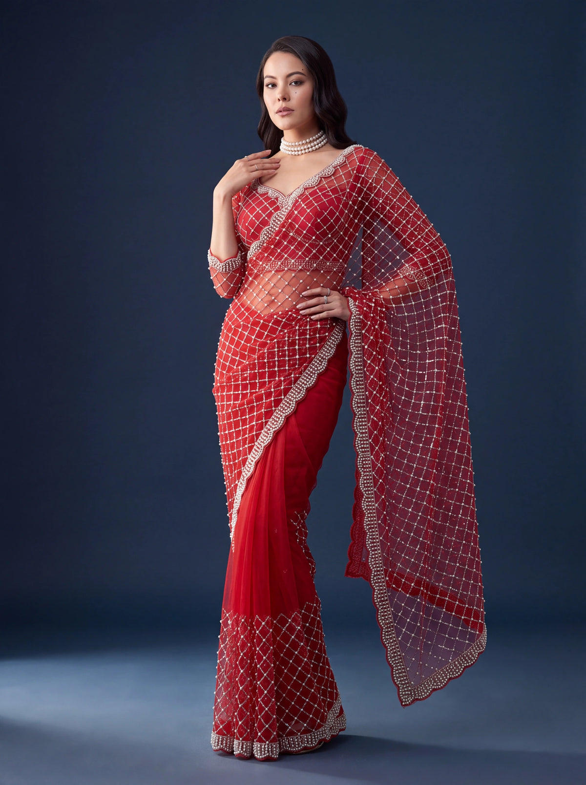 Red Sequins Embroidered Saree – Net Beads Pearls Work front view – KS397