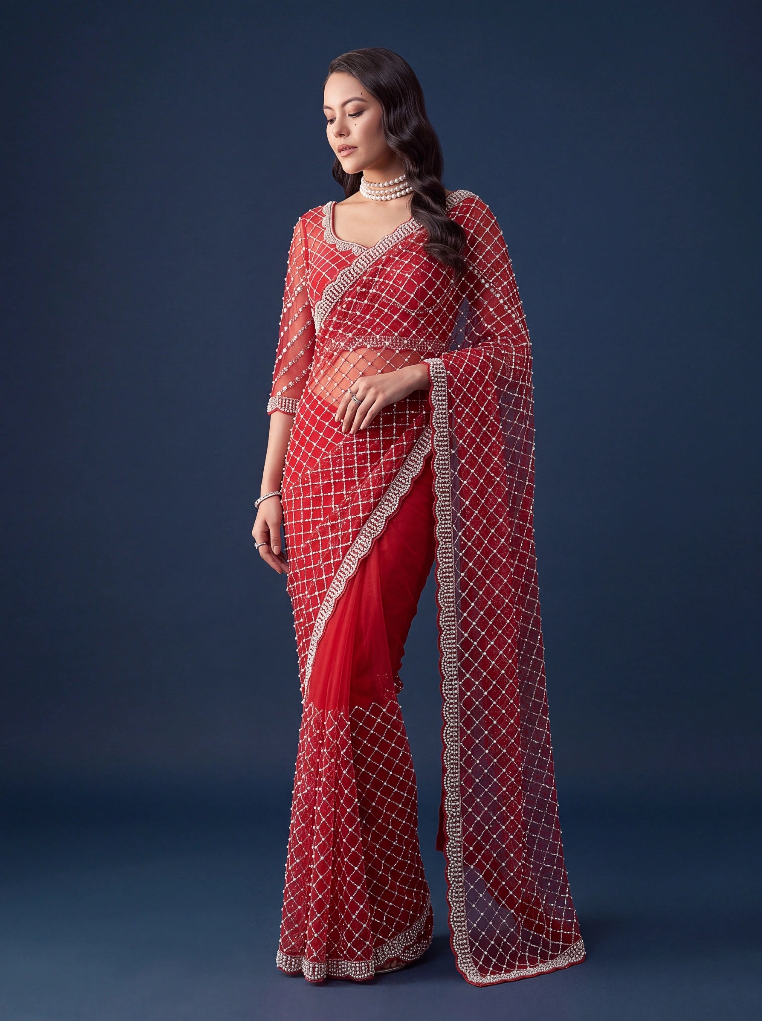 Red Sequins Embroidered Saree – 3/4 drape view – KS397