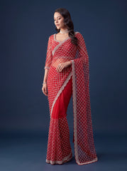 Red Sequins Embroidered Saree – 3/4 drape view – KS397
