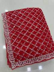 Red Sequins Embroidered Saree – fabric flat lay – KS397
