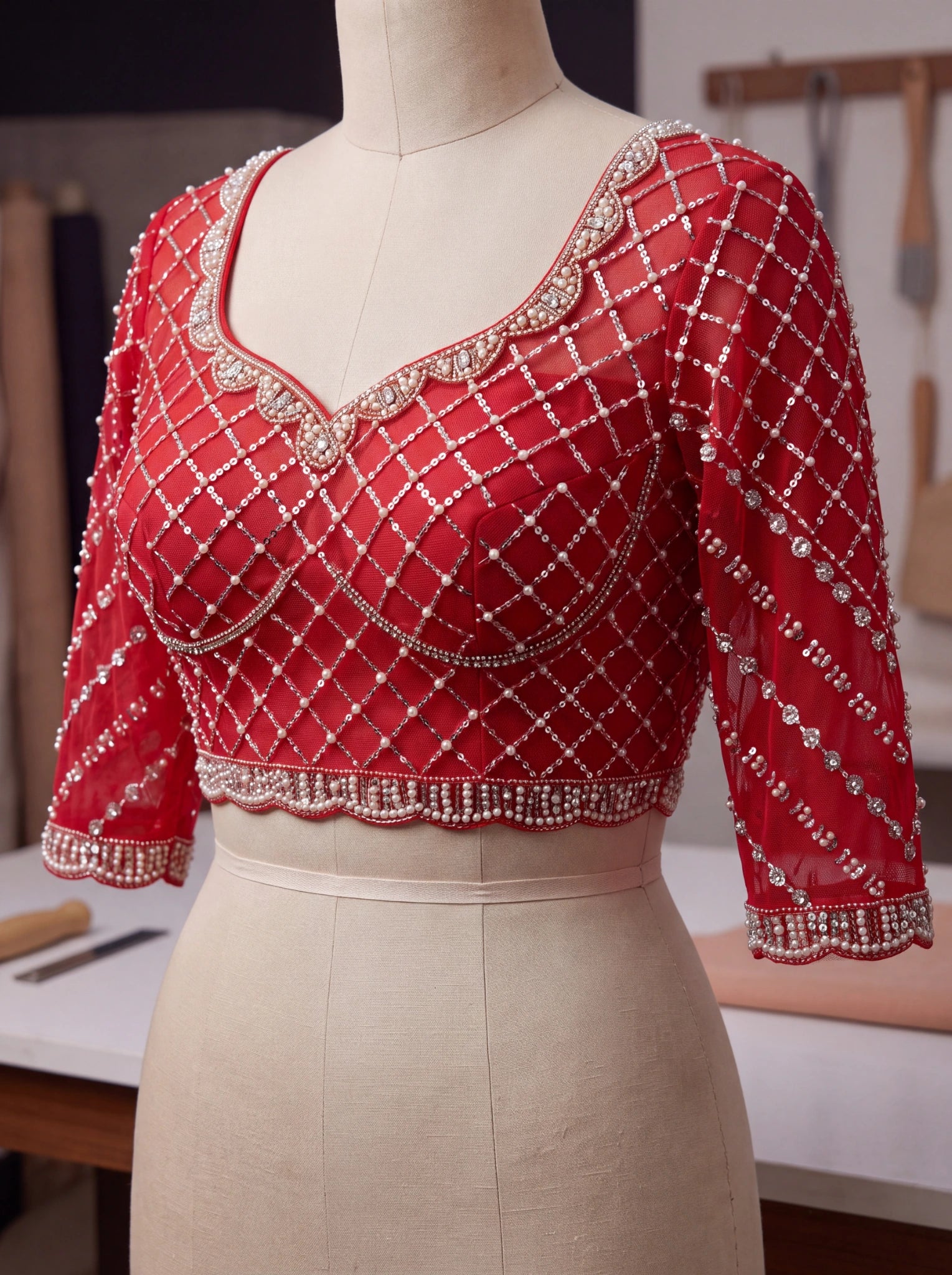 Red Sequins Embroidered Saree – blouse piece on mannequin – KS397